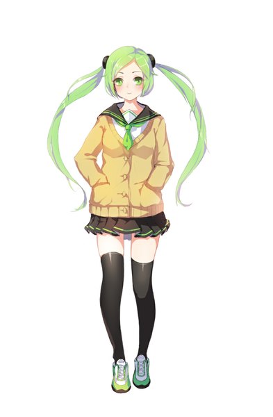 Anime picture 753x1149 with original emyo single long hair tall image looking at viewer blush simple background smile white background twintails green eyes pleated skirt green hair hands in pockets girl thighhighs skirt uniform black thighhighs