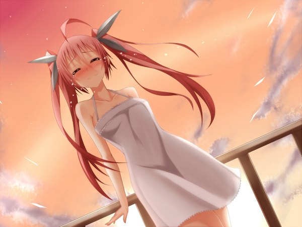 Anime picture 1333x1000 with original suterii single long hair blush twintails sky ahoge red hair eyes closed tears girl sundress