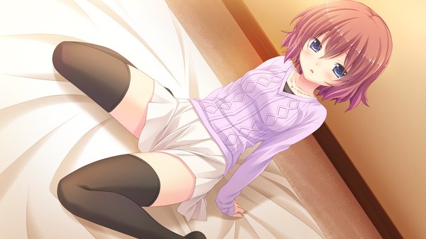 Anime picture 1280x720 with hare nochi kitto nanohana biyori single looking at viewer blush short hair open mouth blue eyes brown hair wide image game cg girl thighhighs skirt black thighhighs sweater