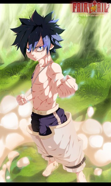 Anime picture 1548x2600 with fairy tail gray fullbuster i-azu single tall image short hair blue eyes black hair sunlight inscription tattoo coloring glowing watermark letterboxed smoke glowing eye (eyes) muscle boy plant (plants)
