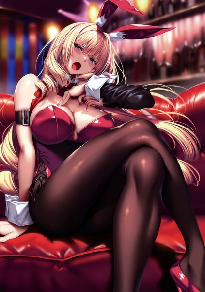 Anime picture 4218x5989 with hanikami kanojo shoudou erena piromizu single long hair tall image looking at viewer blush fringe highres breasts open mouth blue eyes light erotic blonde hair smile large breasts sitting animal ears absurdres