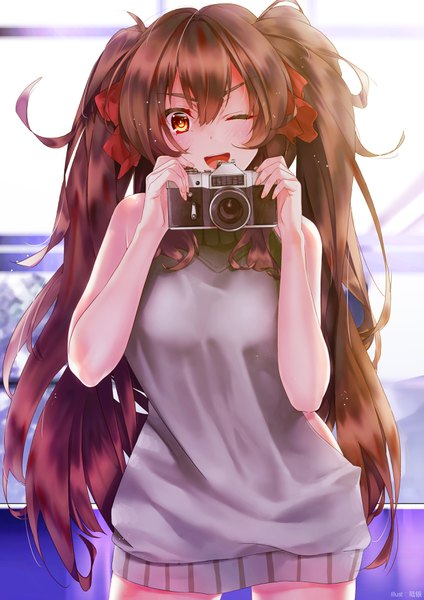 Anime picture 2480x3508 with girls frontline qbz-97 (girls frontline) nishiro ryoujin single long hair tall image looking at viewer fringe highres open mouth hair between eyes brown hair twintails bare shoulders brown eyes one eye closed wink girl ribbon (ribbons) hair ribbon