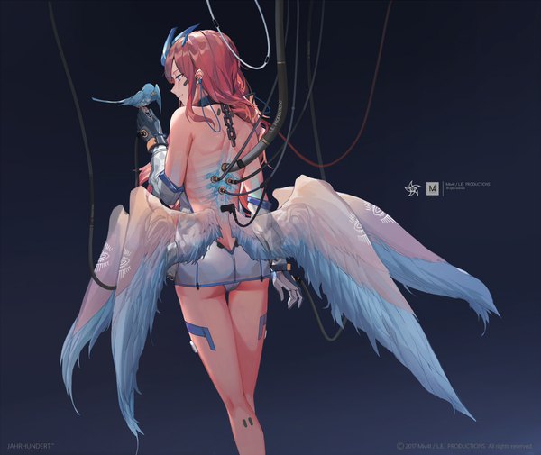Anime picture 1900x1600 with original mivit single long hair highres blue eyes light erotic simple background signed looking away pink hair ass no bra black background low wings bird on hand multiple wings girl animal wings