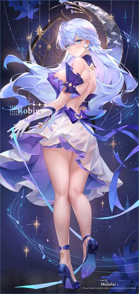 Anime picture 4000x8456 with honkai: star rail honkai (series) robin (honkai: star rail) melailai single long hair tall image looking at viewer fringe highres breasts blue eyes light erotic hair between eyes large breasts signed absurdres silver hair full body looking back