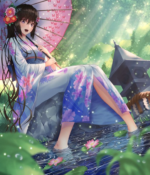 Anime picture 1370x1600 with original dlwhdals901 single long hair tall image looking at viewer blush fringe open mouth hair between eyes brown hair sitting purple eyes holding payot outdoors traditional clothes :d japanese clothes barefoot
