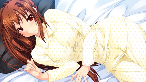 Anime picture 1280x720 with dekakute ecchi na ore no ane long hair blush red eyes brown hair wide image game cg lying girl pajamas