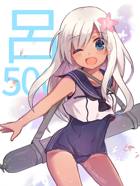 Anime picture 627x837 with kantai collection ro-500 submarine yuukome (tekunon) single long hair tall image looking at viewer blush open mouth blue eyes light erotic signed white hair one eye closed hair flower character names outstretched arm tan tan lines girl