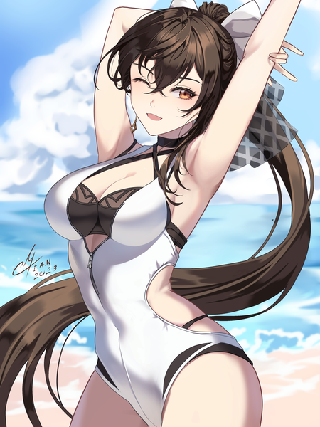 Anime picture 3000x4000 with epic seven celine (epic seven) i a n single long hair tall image looking at viewer highres breasts open mouth light erotic brown hair large breasts standing brown eyes signed sky cleavage cloud (clouds) ponytail