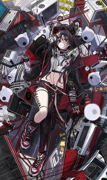Anime picture 1147x1920 with original touzai (poppin phl95) single long hair tall image looking at viewer fringe hair between eyes red eyes twintails lying long sleeves nail polish from above open jacket midriff on back piercing facial mark sleeves past wrists