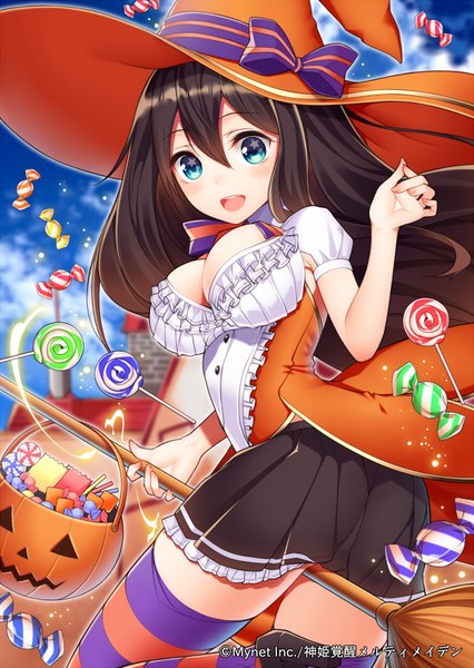 Anime picture 568x800 with original kazuharu kina single long hair tall image breasts open mouth blue eyes light erotic black hair large breasts cleavage halloween witch girl thighhighs bow hat food sweets