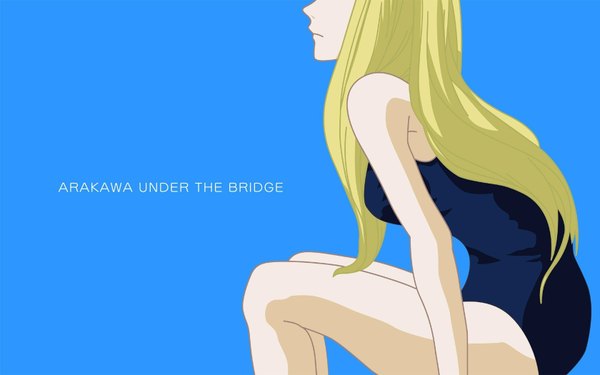 Anime picture 1680x1050 with arakawa under the bridge shaft (studio) nino single long hair simple background blonde hair wide image profile blue background girl swimsuit