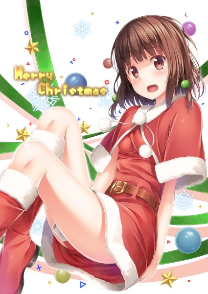 Anime picture 850x1200 with original yuuri nayuta single tall image looking at viewer blush fringe short hair open mouth red eyes brown hair bent knee (knees) inscription fur trim christmas merry christmas girl dress boots belt