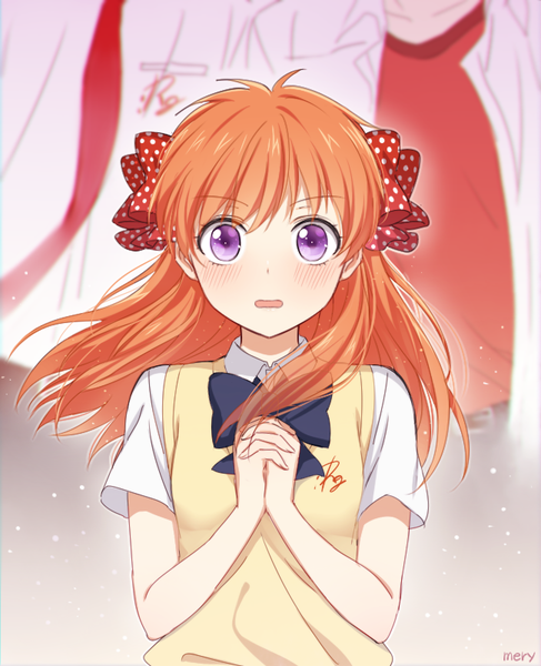 Anime picture 650x800 with gekkan shoujo nozaki-kun doga kobo sakura chiyo nozaki umetarou mikoshiba mikoto mery (yangmalgage) long hair tall image looking at viewer blush open mouth purple eyes signed wind orange hair multiple boys solo focus polka dot head out of frame hands clasped