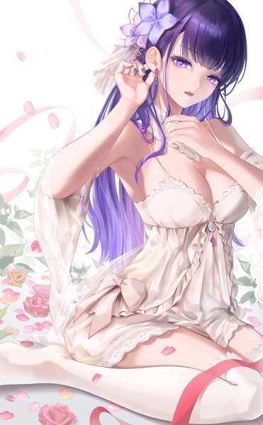 Anime picture 4000x6472 with genshin impact raiden shogun kns hanazuna single long hair tall image looking at viewer fringe highres breasts open mouth light erotic simple background large breasts white background sitting purple eyes absurdres cleavage purple hair