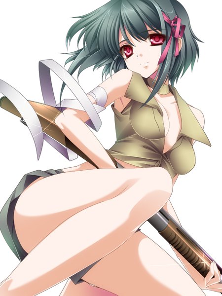 Anime picture 1174x1567 with original moneti (daifuku) single tall image short hair red eyes white background green hair girl ribbon (ribbons) weapon hair ribbon gun bandage (bandages)