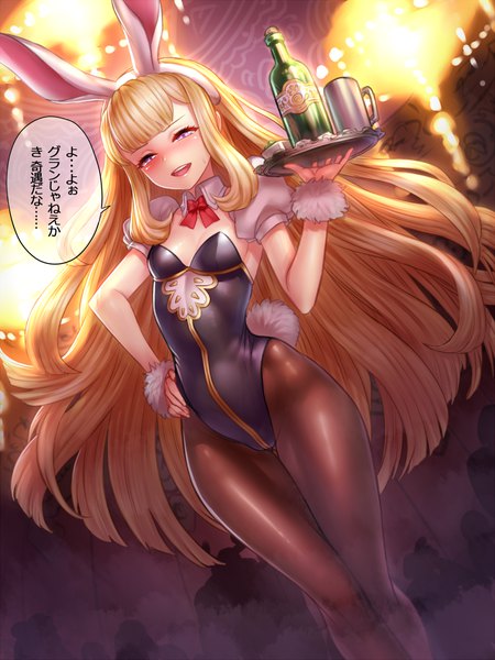 Anime picture 750x1000 with granblue fantasy cagliostro (granblue fantasy) yapo (croquis side) single long hair tall image looking at viewer blush fringe open mouth light erotic blonde hair holding animal ears tail blunt bangs pink eyes short sleeves bunny ears dutch angle