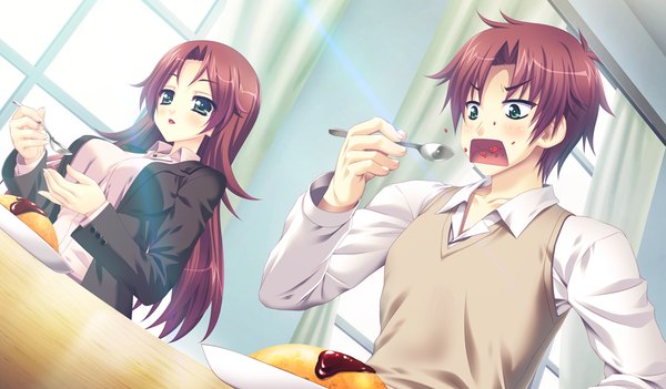 Anime picture 1024x600 with houkago kitchen long hair short hair wide image sitting green eyes game cg red hair eating girl boy food omelet omurice