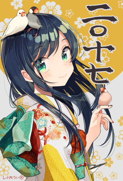 Anime picture 1164x1711 with original shigure ui single long hair tall image looking at viewer blush black hair smile green eyes nail polish traditional clothes japanese clothes fingernails floral print hieroglyph new year floral background animal on head bird on hand