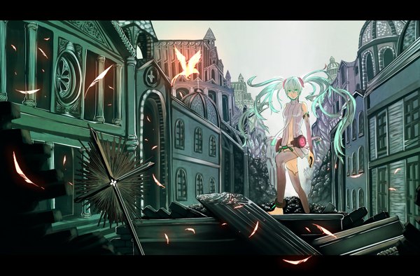 Anime picture 4092x2693 with vocaloid vocaloid append hatsune miku hatsune miku (append) yanagi nikichi single long hair highres twintails absurdres aqua eyes aqua hair torn clothes glowing cityscape flying ruins destruction girl detached sleeves