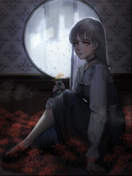 Anime picture 2100x2794 with original usukuchi (impasto life) single long hair tall image looking at viewer highres sitting holding silver hair indoors silver eyes girl dress flower (flowers) earrings choker water drop mirror higanbana