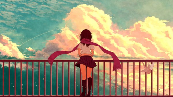 Anime picture 1300x732 with original aya (star) single long hair brown hair wide image sky cloud (clouds) from behind back flying girl skirt animal petals socks scarf bird (birds) black socks origami