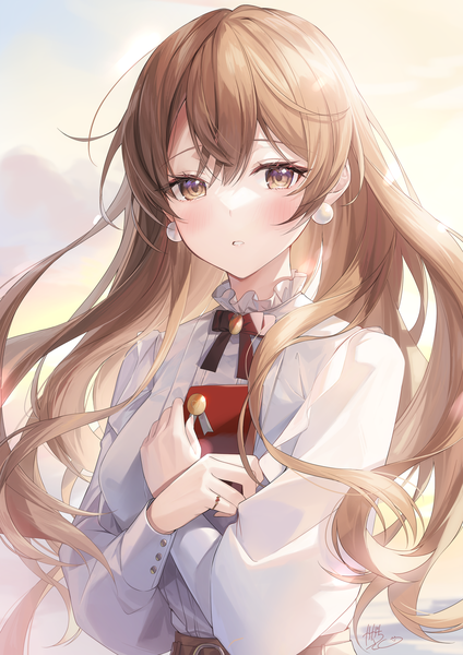Anime picture 2121x3000 with original kagachi saku single long hair tall image looking at viewer blush fringe highres hair between eyes brown hair brown eyes signed sky upper body outdoors long sleeves parted lips valentine girl