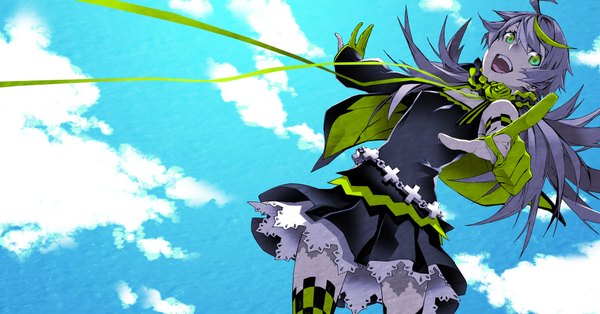Anime picture 1712x898 with supercell miwa shirow single long hair looking at viewer fringe highres open mouth smile wide image bare shoulders green eyes sky purple hair cloud (clouds) ahoge from below spread arms pointing at viewer girl