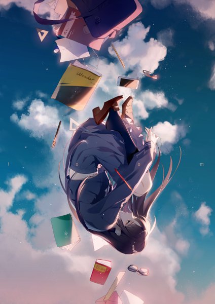 Anime picture 3507x4960 with original zhibuji loom single long hair tall image highres black hair absurdres sky cloud (clouds) full body profile expressionless falling embryo's pose eyewear removed shoe dangle girl uniform socks