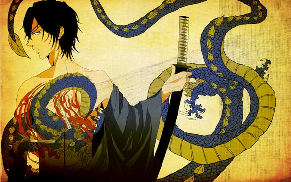 Anime picture 1440x900 with sengoku basara production i.g date masamune single looking at viewer short hair blue eyes black hair wide image looking back tattoo boy weapon sword katana dragon