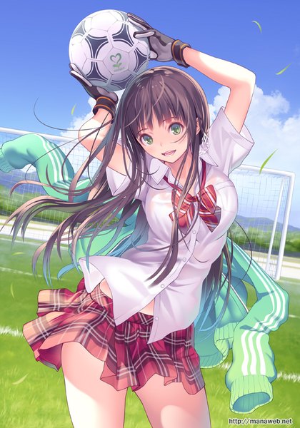 Anime picture 588x840 with original mana kakkowarai single long hair tall image looking at viewer blush fringe open mouth light erotic smile brown hair standing holding green eyes signed sky cloud (clouds) outdoors head tilt