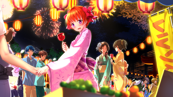 Anime picture 1920x1080 with gekkan shoujo nozaki-kun doga kobo sakura chiyo nozaki umetarou mikoshiba mikoto kashima yuu seo yuzuki hori masayuki wakamatsu hirotaka swordsouls blush highres short hair open mouth wide image purple eyes traditional clothes japanese clothes orange hair fireworks