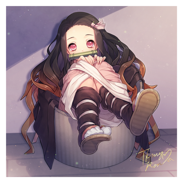 Anime picture 3200x3200 with kimetsu no yaiba ufotable kamado nezuko takamiya ren single long hair looking at viewer highres black hair holding signed absurdres traditional clothes japanese clothes pink eyes multicolored hair two-tone hair mouth hold border gradient hair