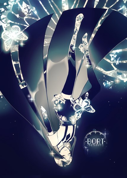Anime picture 830x1160 with houseki no kuni bort kurasaki ken single tall image black hair full body eyes closed very long hair sparkle character names upside down androgynous amputee thighhighs black thighhighs insect butterfly