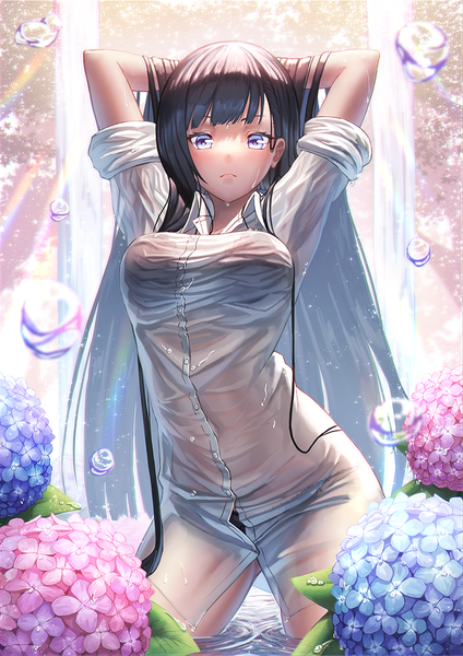 Anime picture 800x1131 with original suraimu (suraimuraimu) single long hair tall image looking at viewer blush fringe breasts blue eyes light erotic black hair standing outdoors arms up wet partially submerged adjusting hair arms behind head wet clothes