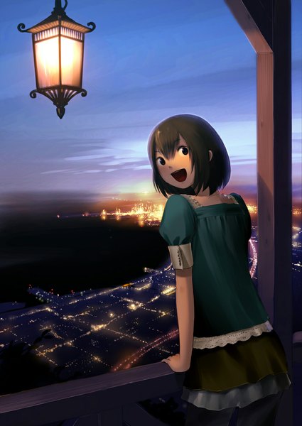 Anime picture 708x1000 with original mercedes66 (hosimo) single tall image short hair open mouth black hair looking back black eyes city horizon city lights girl dress sea lamp