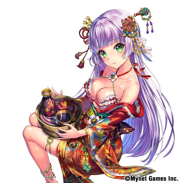 Anime picture 1000x1000 with sangoku infinity esphy single long hair looking at viewer blush fringe breasts light erotic simple background smile large breasts white background sitting bare shoulders holding green eyes cleavage purple hair blunt bangs