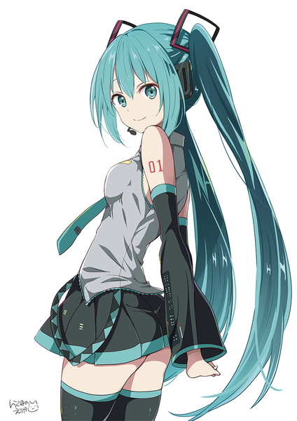 Anime picture 724x1024 with vocaloid hatsune miku ragho no erika single long hair tall image looking at viewer blush fringe light erotic simple background smile standing white background twintails signed payot looking back aqua eyes aqua hair
