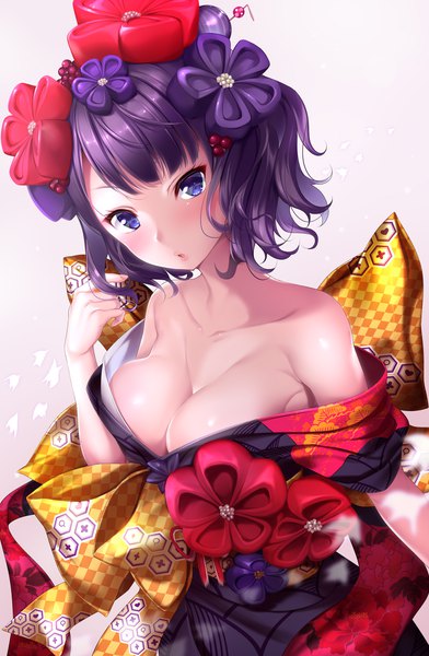 Anime picture 1308x2000 with fate (series) fate/grand order katsushika hokusai (fate/grand order) nironiro single tall image looking at viewer blush short hair breasts blue eyes light erotic simple background large breasts white background bare shoulders cleavage purple hair traditional clothes japanese clothes