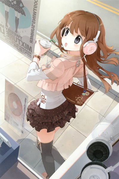 Anime picture 2136x3199 with original tiv single long hair tall image blush highres open mouth blue eyes brown hair black eyes grey eyes pink background street girl thighhighs skirt shirt socks shoes