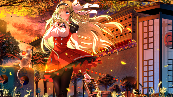 Anime picture 1920x1081 with original swordsouls single long hair looking at viewer blush highres blue eyes blonde hair wide image one eye closed wind wink girl dress plant (plants) animal tree (trees) hairband leaf (leaves)