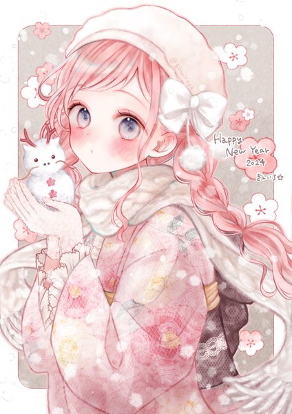 Anime picture 1158x1637 with original ginniroya single long hair tall image looking at viewer blush blue eyes signed pink hair upper body braid (braids) traditional clothes japanese clothes twitter username twin braids border new year outside border happy new year