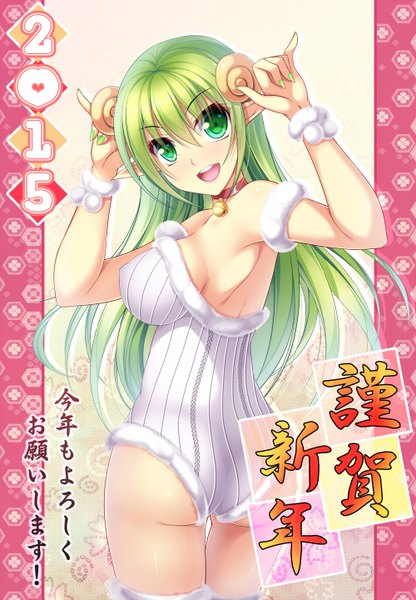 Anime picture 1000x1440 with elsword rena erindel tsukimi kirara single long hair tall image breasts open mouth light erotic large breasts green eyes horn (horns) green hair pointy ears new year happy new year nengajou girl