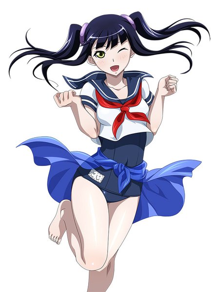 Anime picture 600x831 with ikkitousen saji genpou (true) single long hair tall image looking at viewer open mouth light erotic black hair white background twintails green eyes one eye closed wink girl swimsuit one-piece swimsuit sailor suit school swimsuit
