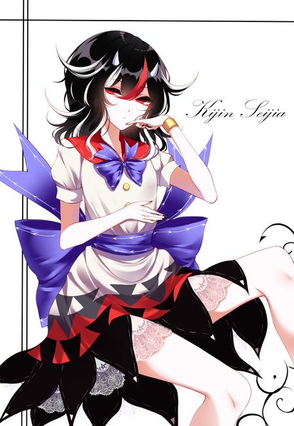 Anime picture 2000x2900 with touhou kijin seija sheya single long hair tall image looking at viewer fringe highres black hair simple background hair between eyes red eyes white background nail polish multicolored hair horn (horns) short sleeves streaked hair legs