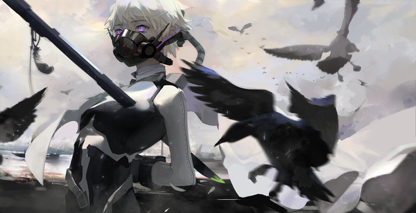Anime picture 1000x514 with original left mouse looking at viewer fringe short hair hair between eyes wide image purple eyes sky cloud (clouds) outdoors white hair hands behind back girl crown respirator