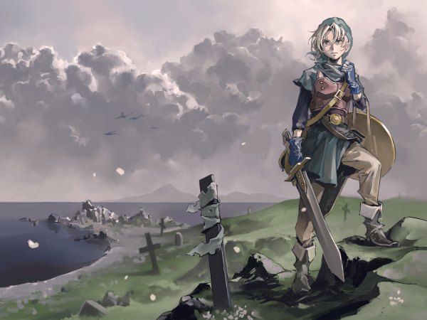 Anime picture 1200x900 with dragon quest pomodorosa short hair blonde hair sky cloud (clouds) grey eyes landscape boy gloves sword armor cross shield