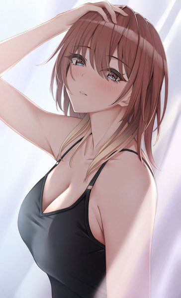 Anime picture 2437x4016 with idolmaster idolmaster shiny colors aketa mikoto yuro (7 yuro) single long hair tall image looking at viewer blush fringe highres breasts simple background hair between eyes brown hair large breasts brown eyes cleavage upper body parted lips