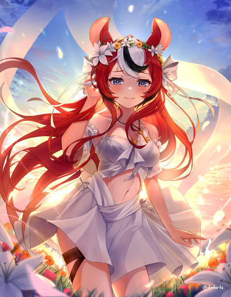 Anime picture 2625x3375 with virtual youtuber hololive hololive english hakos baelz dvdarts single long hair tall image highres blue eyes smile animal ears cloud (clouds) outdoors red hair multicolored hair sunlight bare belly streaked hair evening