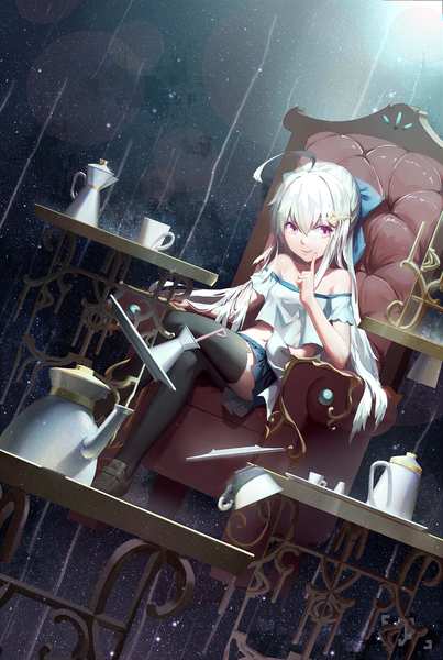 Anime picture 1200x1785 with original canzhajiang long hair tall image looking at viewer purple eyes bare shoulders ahoge white hair light smile crossed legs girl thighhighs skirt bow black thighhighs hair bow miniskirt couch cup