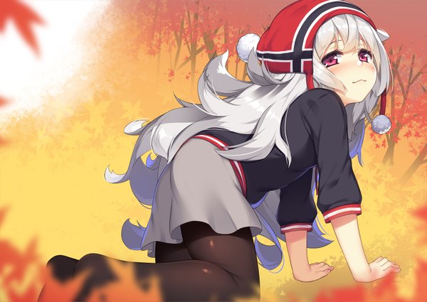 Anime picture 2000x1417 with azur lane zeppy (azur lane) olive (laai) single long hair looking at viewer blush fringe highres outdoors blunt bangs pink eyes grey hair blurry alternate costume no shoes on all fours autumn girl skirt
